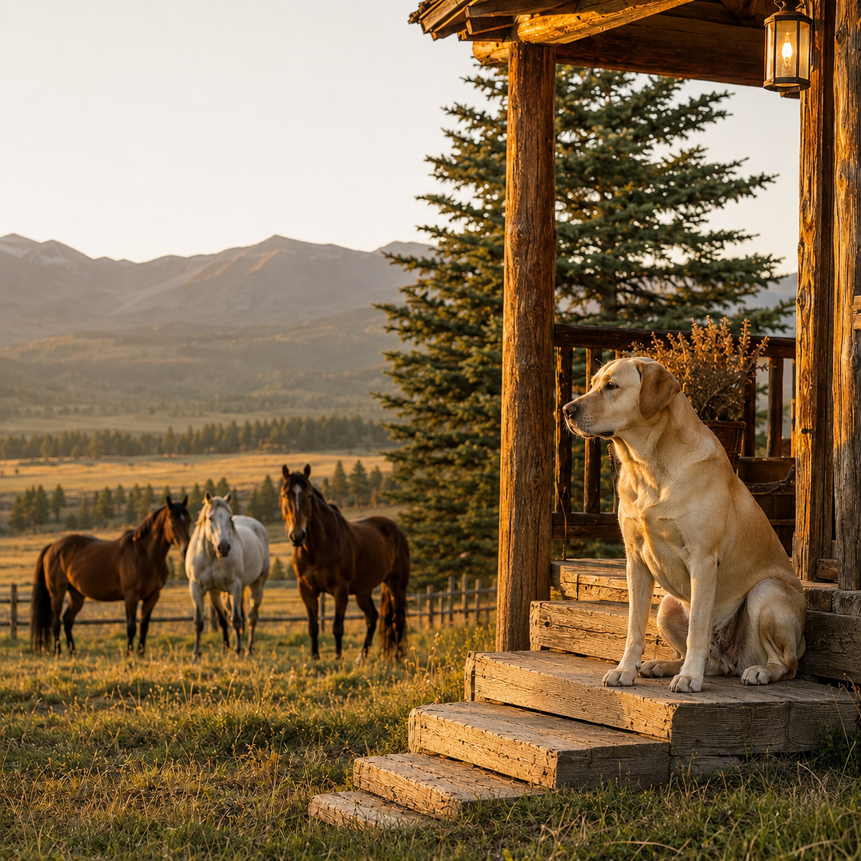 Dog on porch near horses in spokane, Washington.