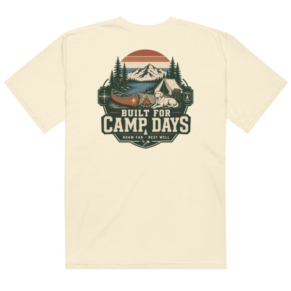Built for Camp Days The Built for Camp Days shirt is made for dog people who feel most at home beside a campfire, a canoe, and a quiet mountain lake. Featuring a loyal dog resting in a vintage campsite setting, this design captures the easy rhythm of outdoor weekends, slow mornings, and adventures that end with muddy paws and good stories.