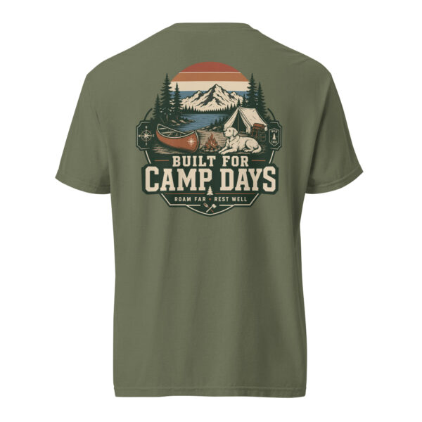 Built for Camp Days The Built for Camp Days shirt is made for dog people who feel most at home beside a campfire, a canoe, and a quiet mountain lake. Featuring a loyal dog resting in a vintage campsite setting, this design captures the easy rhythm of outdoor weekends, slow mornings, and adventures that end with muddy paws and good stories.