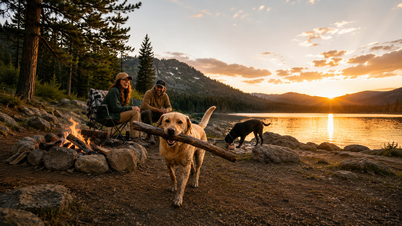 people laughing at a dog with a stick